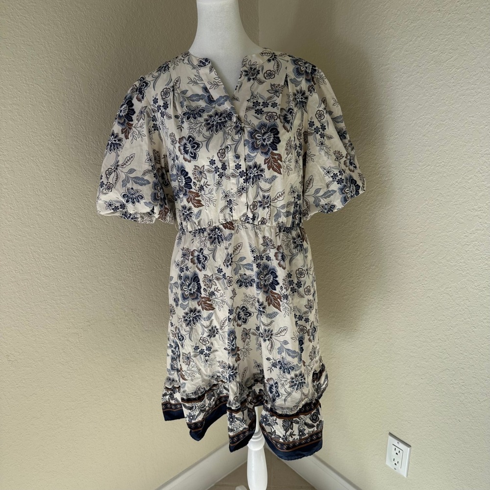 Joie Floral Dress Women Size 6 Cream Blue Boho Cottagecore Puff Sleeve No Belt